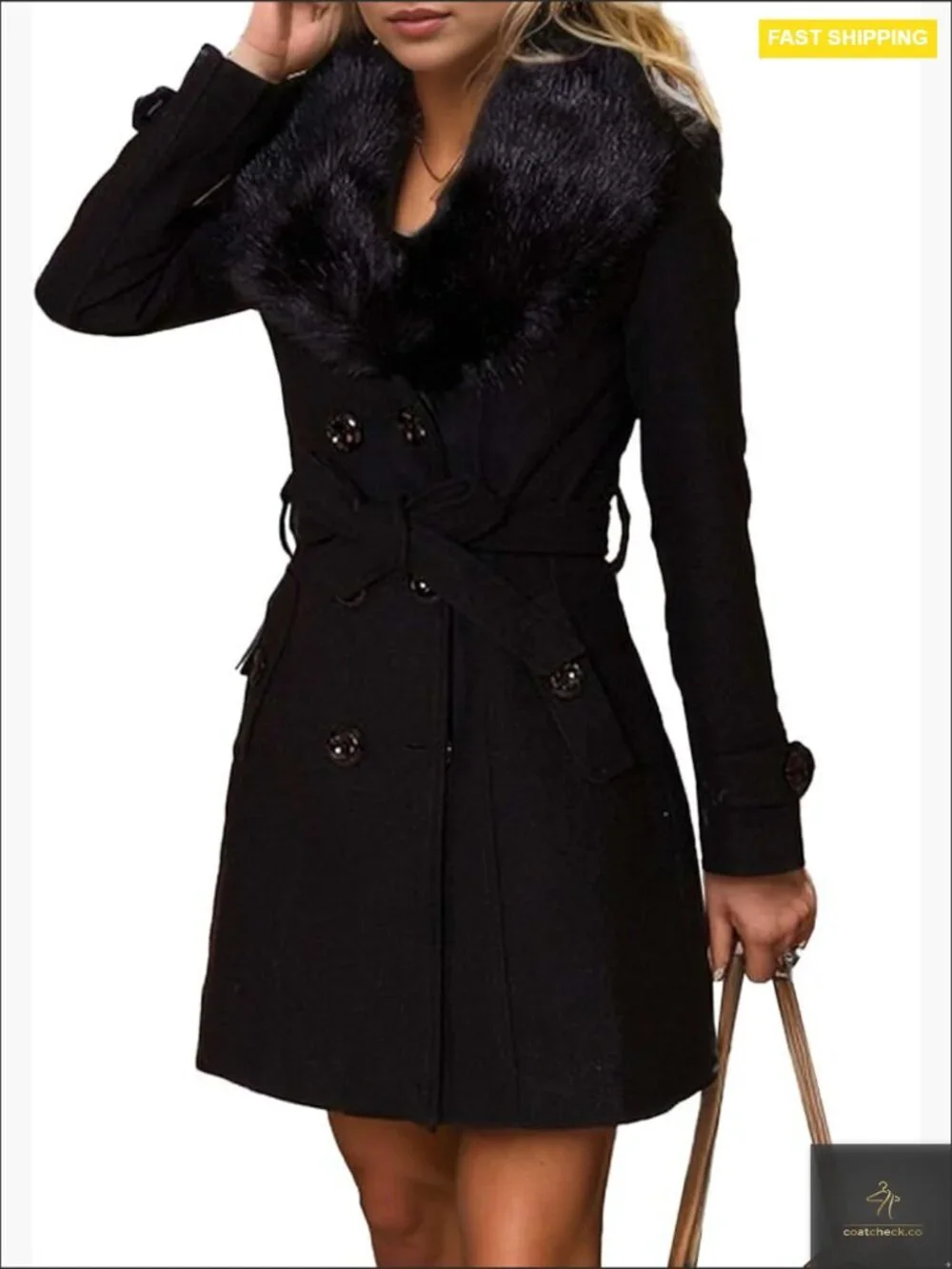 Faux Fur Trench Coat Double Breasted Belted Wool Blend Elegant Winter Overcoat